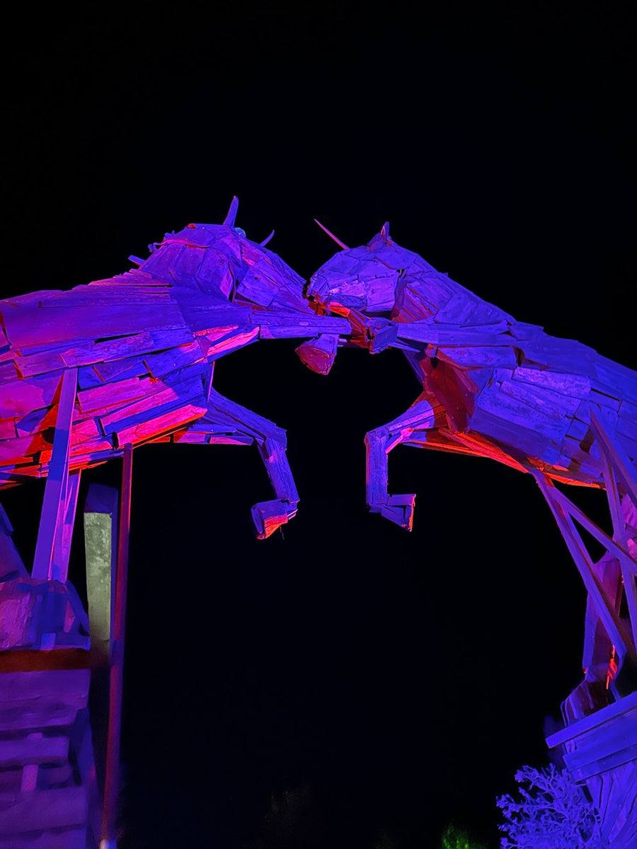 Hand-built wooden installation at Garbicz, night